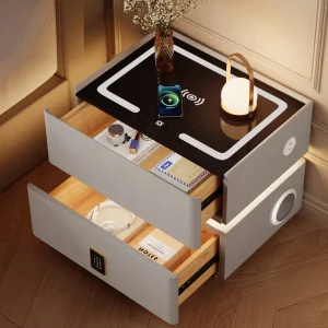 Table de chevet moderne de luxe à 2 niveaux avec tiroir de rangement et éclairage LED