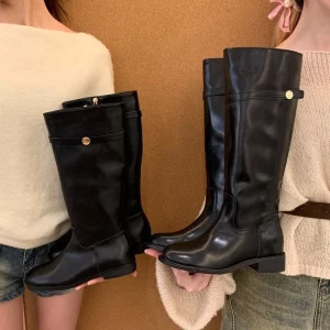 Vintage Round-Toe Wide Shaft Belt Buckle Knee-High Boots for Women 2026 New Korean Slimming Over-the-Knee Riding Boots