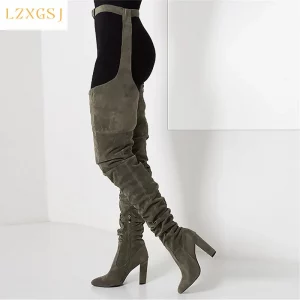 Sexy Belt Over The Knee Boots Women Chunky High Heels Pointed Toe Suede Women's Boots With Zip Party Night Out