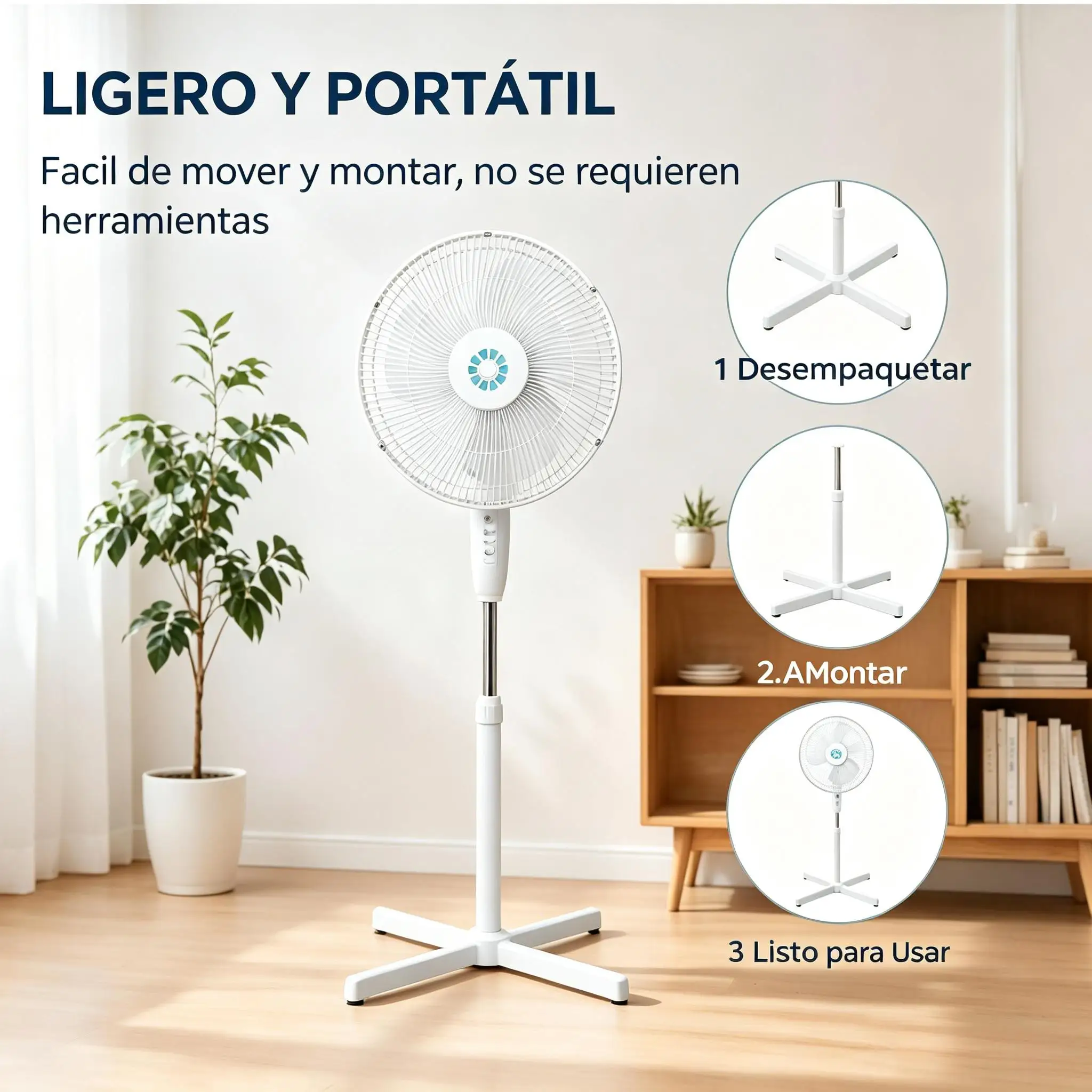 Ventilateur sur pied blanc avec base croisée stable, trois vitesses réglables, oscillation horizontale, fonctionnement silencieux ≤50Db, hauteur réglable, léger, détachable, rangement facile, faible consommation, idéal pour le salon, la chambre, le bureau et les espaces domestiques. – Image 3