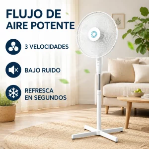 Ventilateur sur pied blanc avec base croisée stable, trois vitesses réglables, oscillation horizontale, fonctionnement silencieux ≤50Db, hauteur réglable, léger, détachable, rangement facile, faible consommation, idéal pour le salon, la chambre, le bureau et les espaces domestiques.