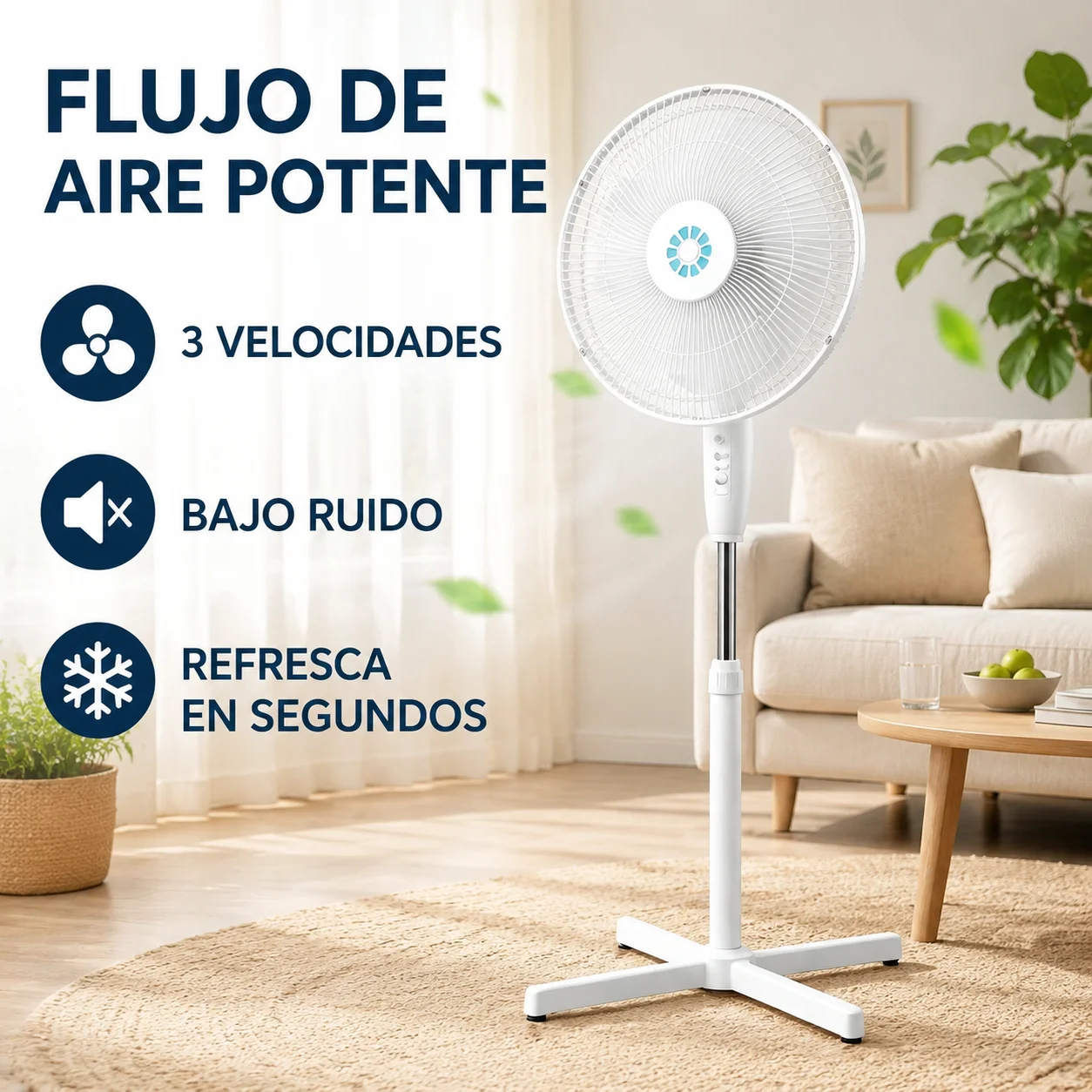 Ventilateur sur pied blanc avec base croisée stable, trois vitesses réglables, oscillation horizontale, fonctionnement silencieux ≤50Db, hauteur réglable, léger, détachable, rangement facile, faible consommation, idéal pour le salon, la chambre, le bureau et les espaces domestiques.