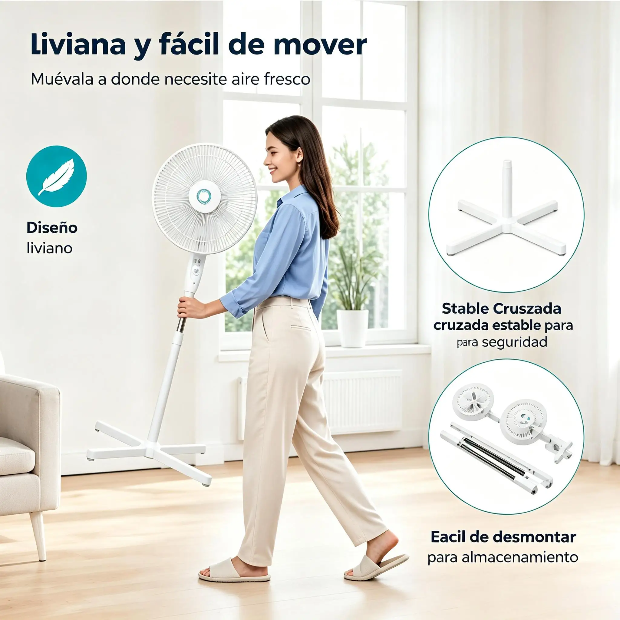 Ventilateur sur pied blanc avec base croisée stable, trois vitesses réglables, oscillation horizontale, fonctionnement silencieux ≤50Db, hauteur réglable, léger, détachable, rangement facile, faible consommation, idéal pour le salon, la chambre, le bureau et les espaces domestiques. – Image 5