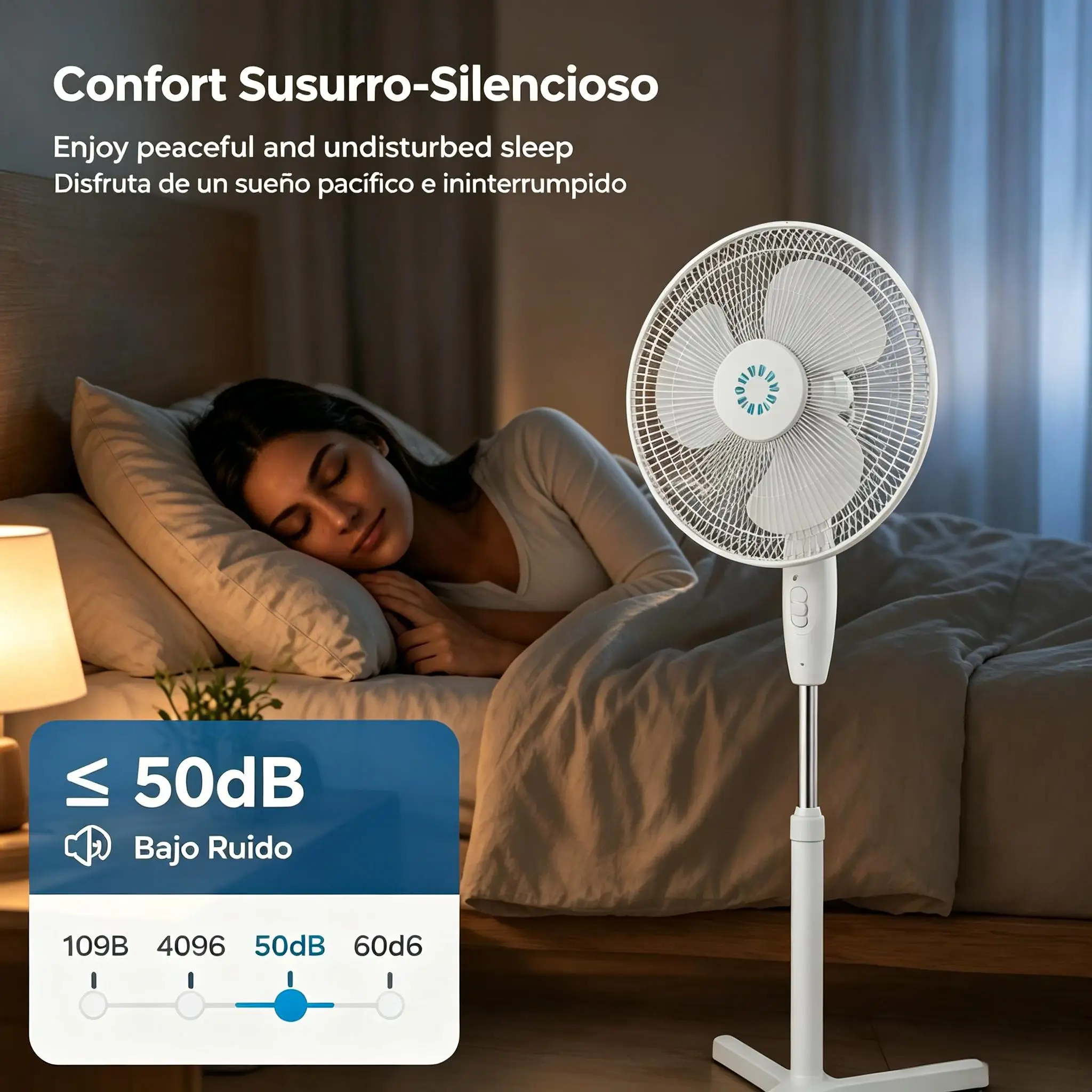 Ventilateur sur pied blanc avec base croisée stable, trois vitesses réglables, oscillation horizontale, fonctionnement silencieux ≤50Db, hauteur réglable, léger, détachable, rangement facile, faible consommation, idéal pour le salon, la chambre, le bureau et les espaces domestiques. – Image 4